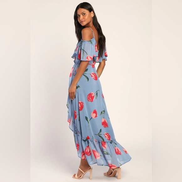 Petal Paradise Blue Floral Print Cold-Shoulder Wrap Maxi Dress - Picture 2 of 2